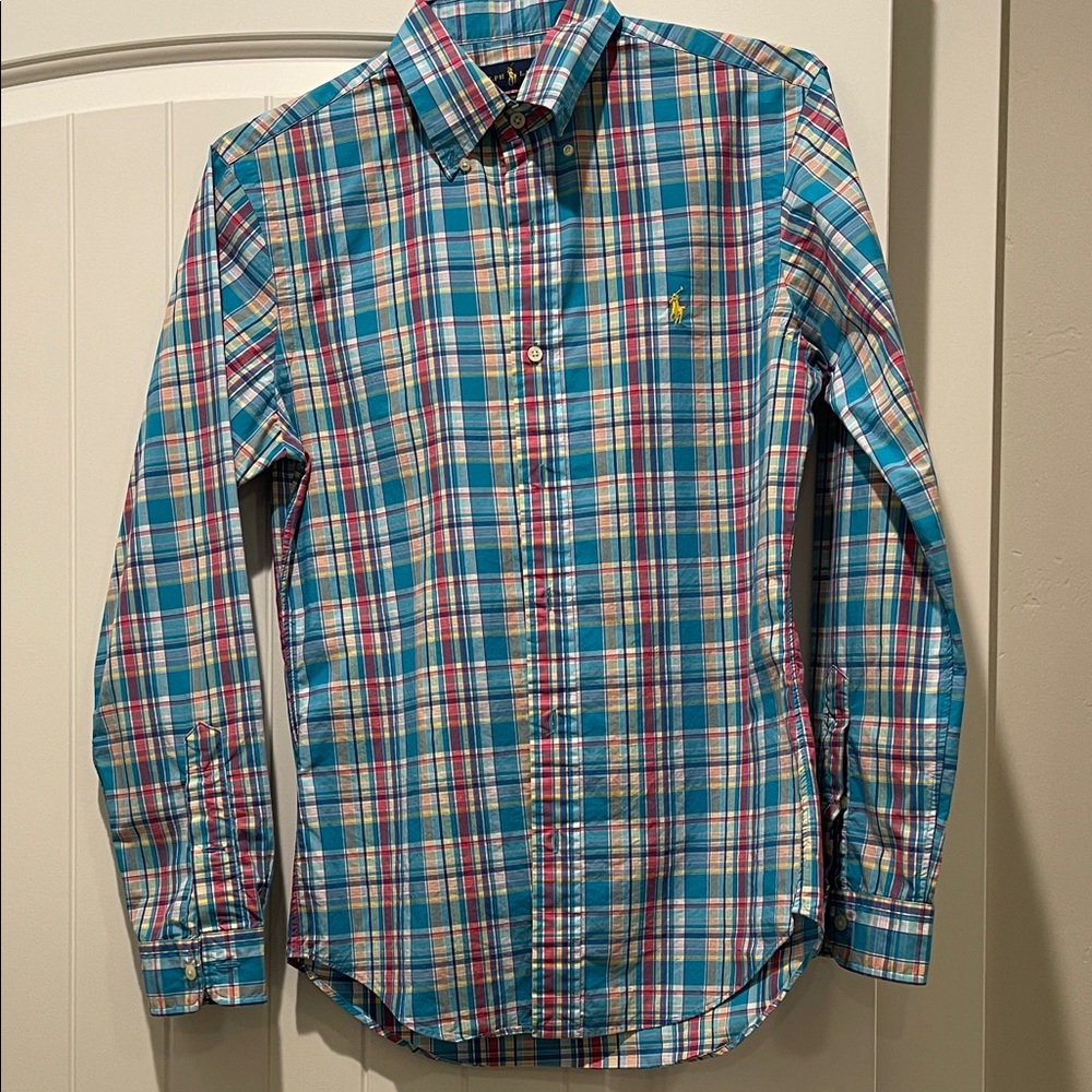 Polo by Ralph Lauren Men's Slim Fit Blue and Pink Plaid Shirt
